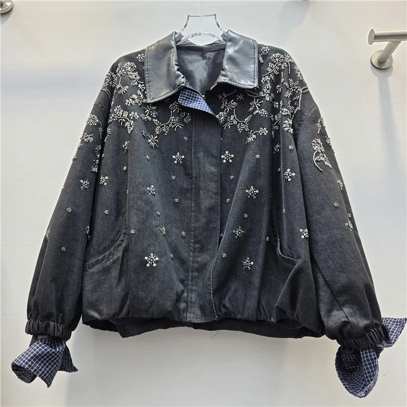SuperAen 2026 Autumn New Korean Style Patchwork Contrasting Color Design Embroidered Flares Diamond Loose Denim Jackets