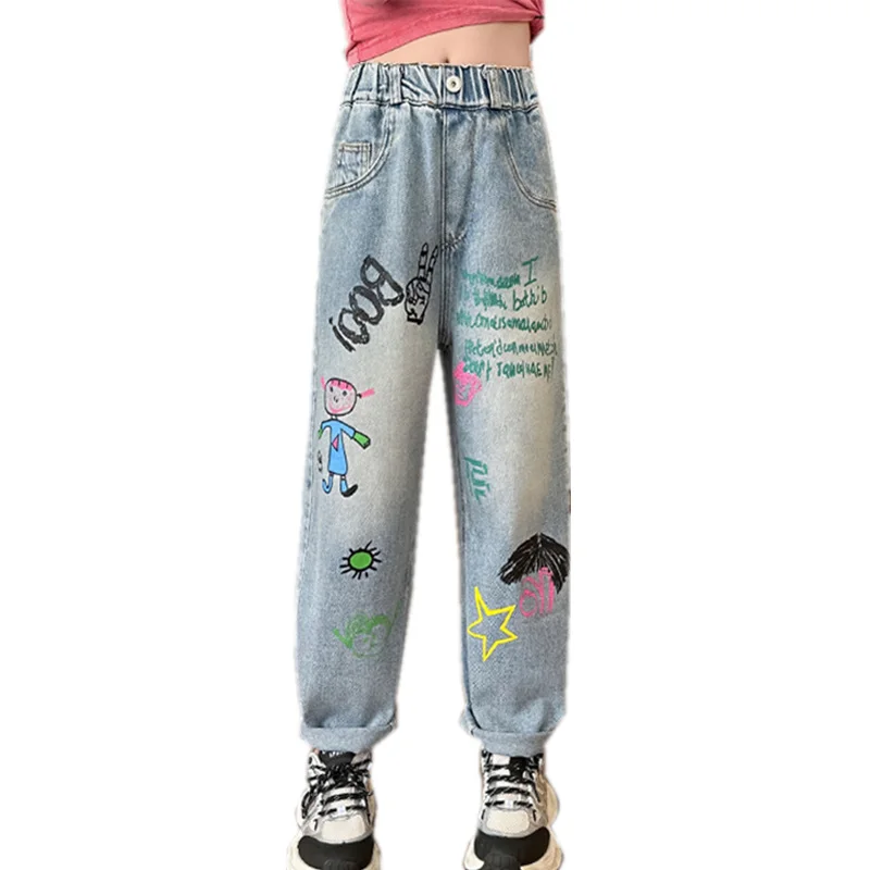 New Stylish Kids Fashion Spring Straight Jeans with Print For Girl Casual Slim Fit Denim Pants Teenage Child Jeans Trousers 5-14