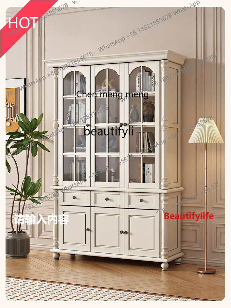 A32 American-Style Solid Wood Bookcase with Glass Door Two-Door Solid Wood RETRO Study Combined Bookcase