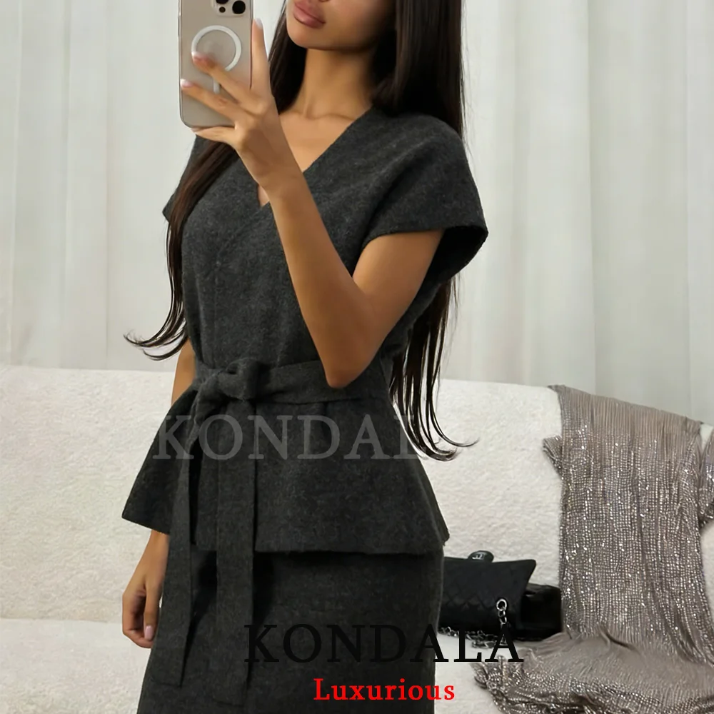 KONDALA Sexy Chic Dark Gray Women Cardigans V Neck Sleeveless Sashes Sweaters Women Fashion 2026 Spring Summer Elegant Women Top