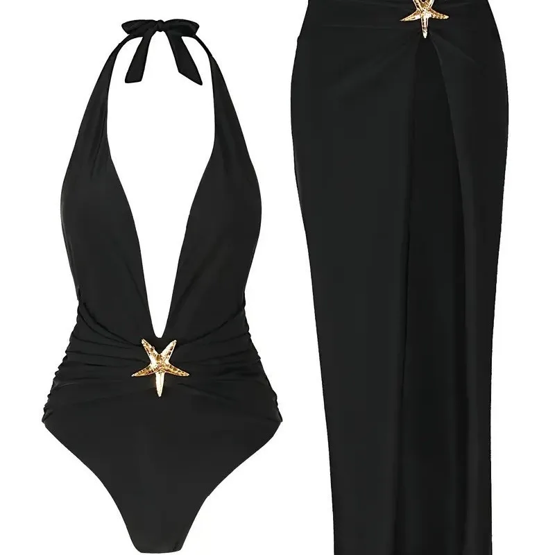 2 Piece Swimsuits for Elegant Women Starfish One Piece Bathing Suits with High Split Skirt Cover ups Sexy Halter Bikini Sets