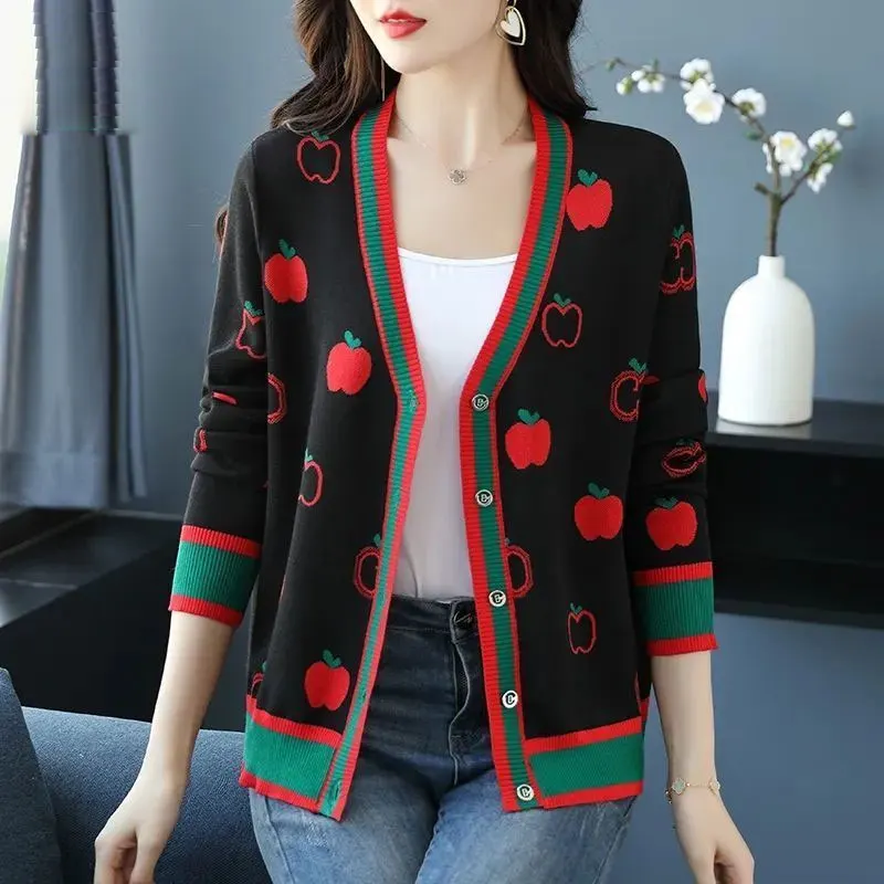 Female Clothing Fruits Spliced Knitted Cardigan Fashion Long Sleeve Autumn Winter Casual V-Neck Single-breasted Loose Sweaters