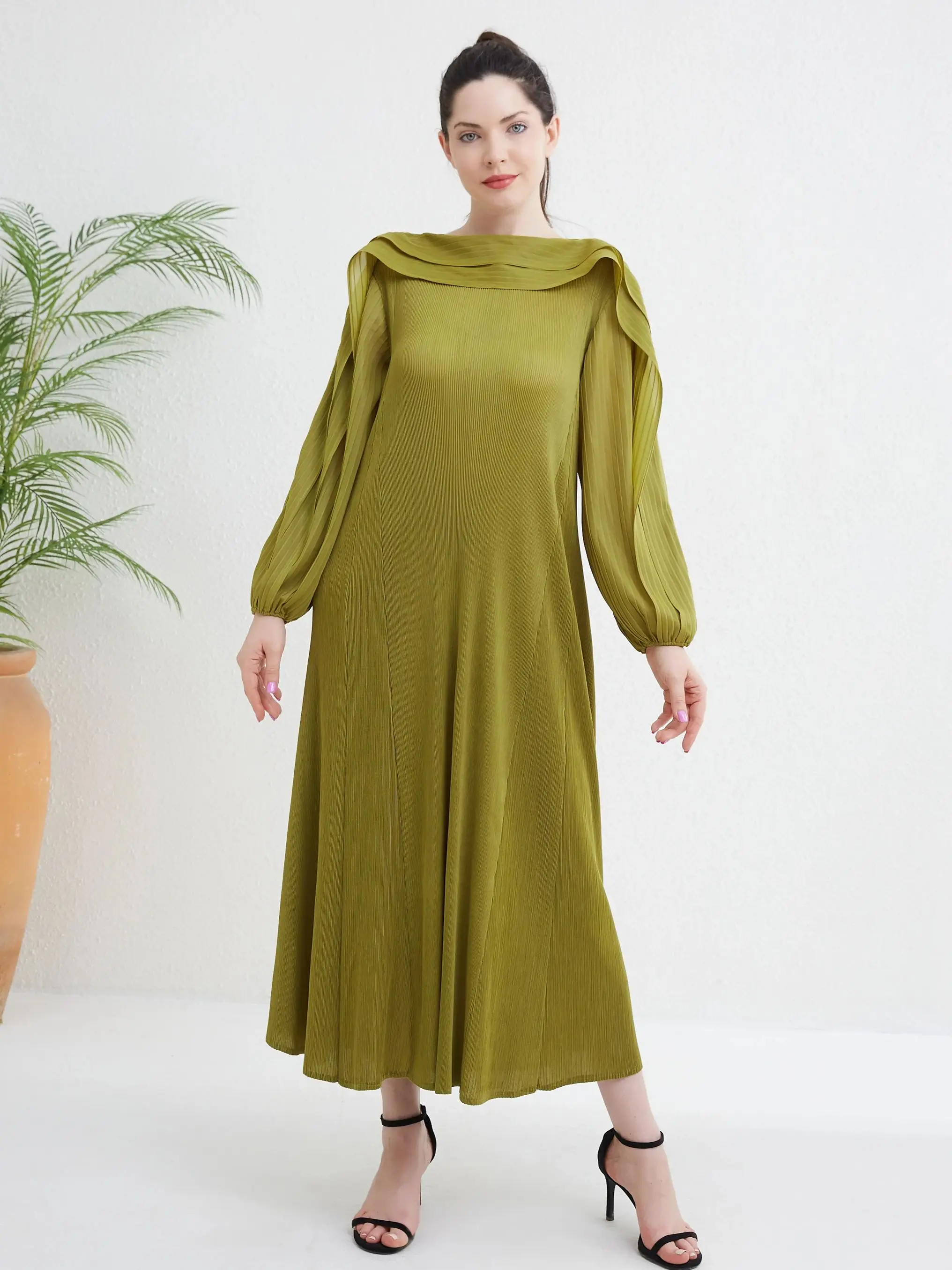 2024 New Pleated Long Sleeve Casual Plus Size Dresses For Women High Quality Elegant Luxury Ladies Latest Mujer Ruffle Green