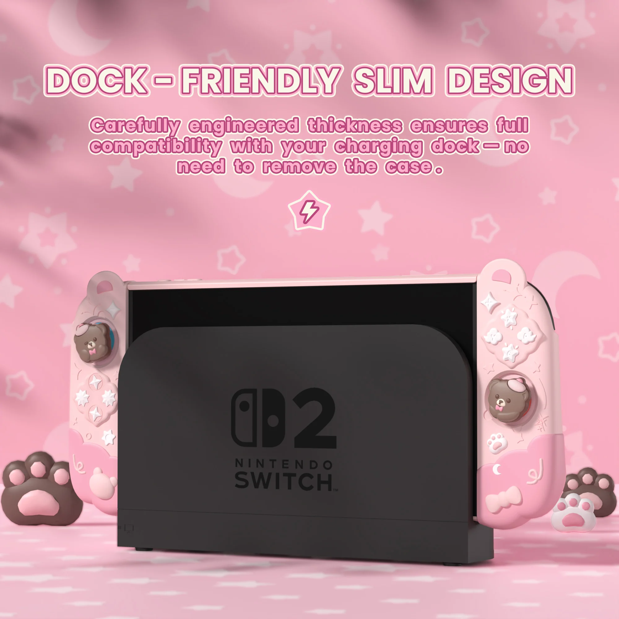 PlayVital ドッキング可能な Switch 2 用保護ケース – Good Night Bear シリコン カバー、取り外し可能な Joycon グリップとかわいい親指キャップ付き