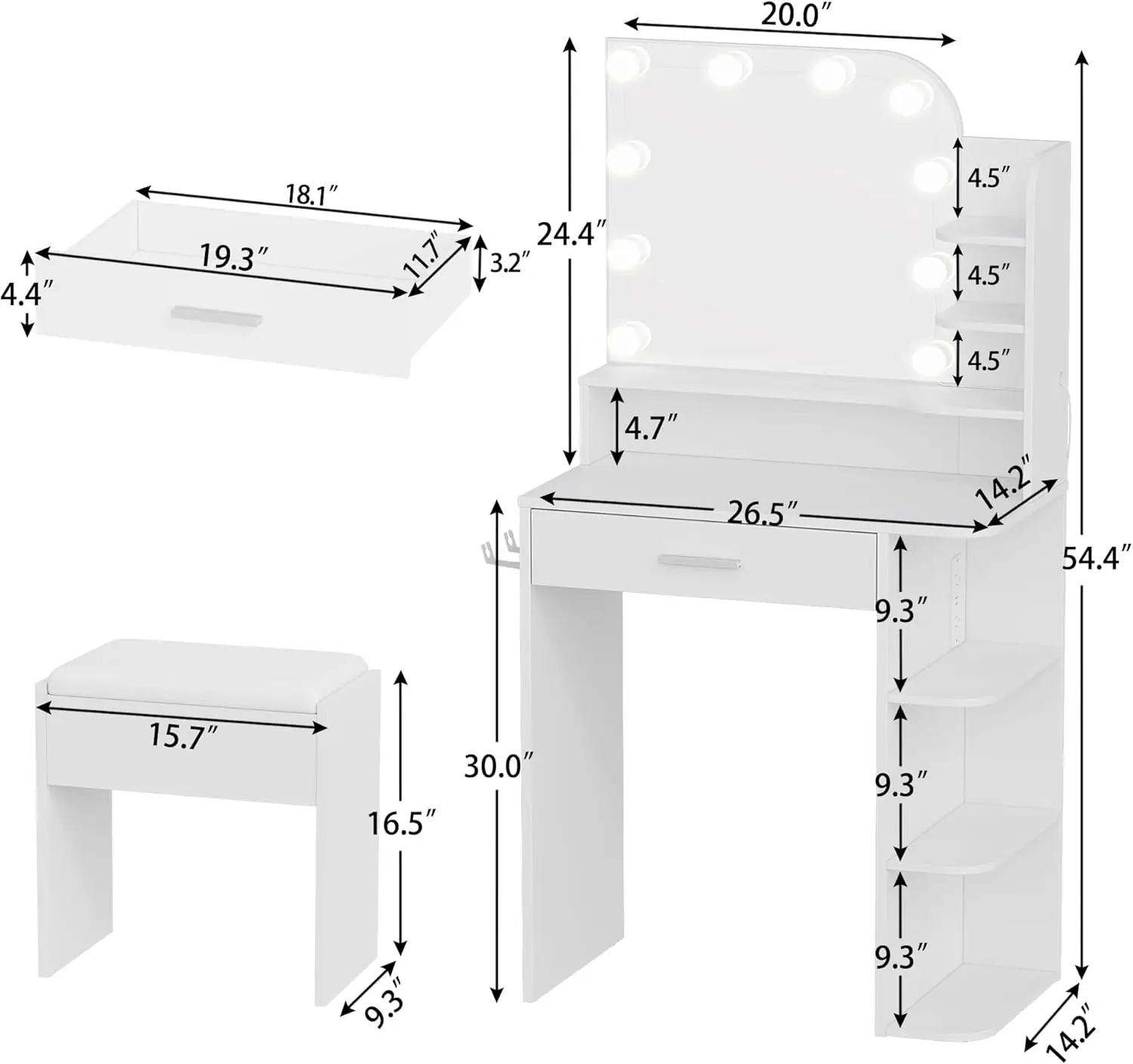 White Makeup Vanity Desk for Girls in Small Spaces, Compact with 3 - Color Lights view 3