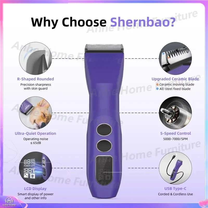 Professional Cordless Dog Hair Trimmer 5 in 1 Pet Grooming Clippers High Speed 7000SPM Rechargeable Cat Shaving Low