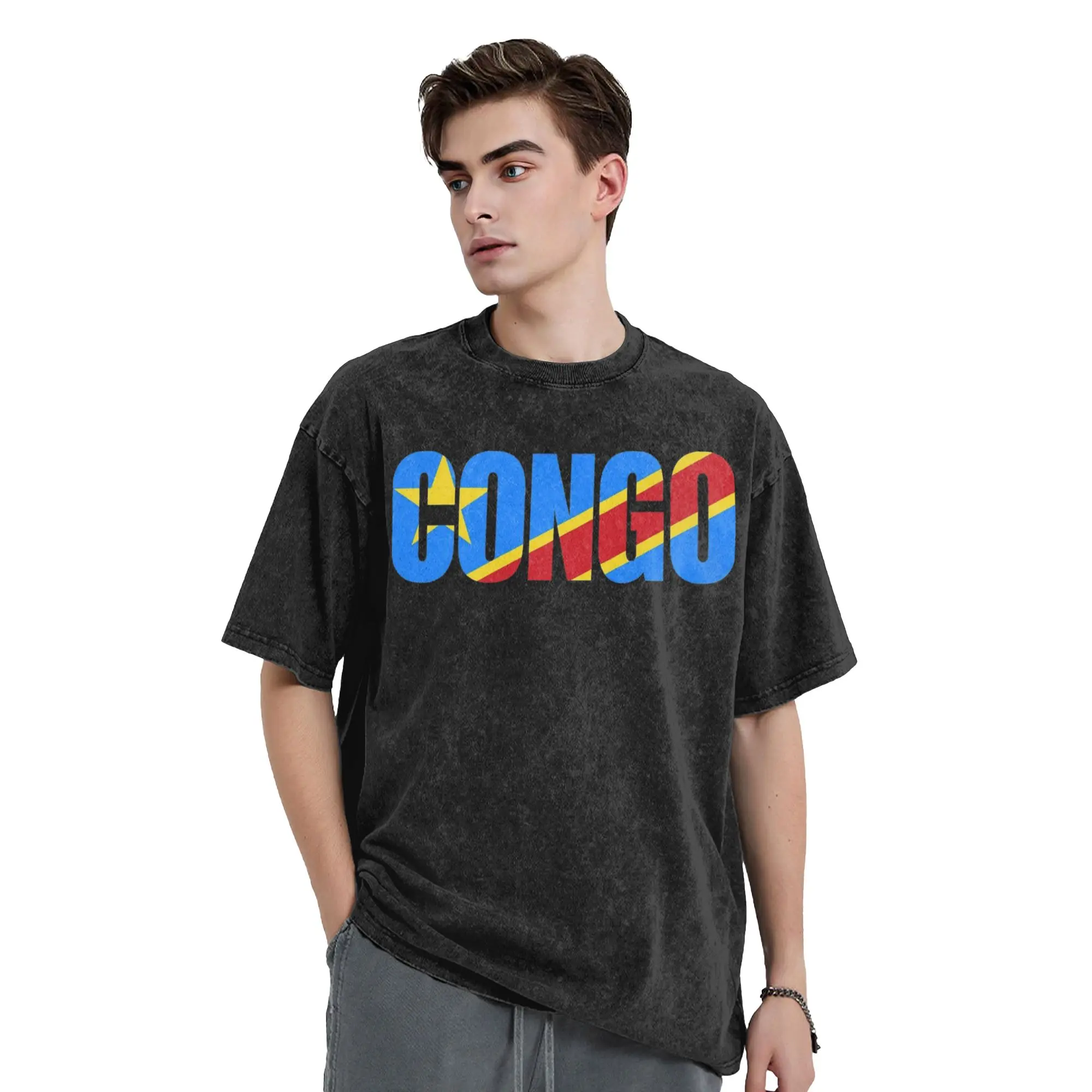 Republic Of Congo Congolese Flag DRC Washed T Shirts Streetwear  Vintage T-Shirt  Tees Men Women Short Sleeve Harajuku Summer