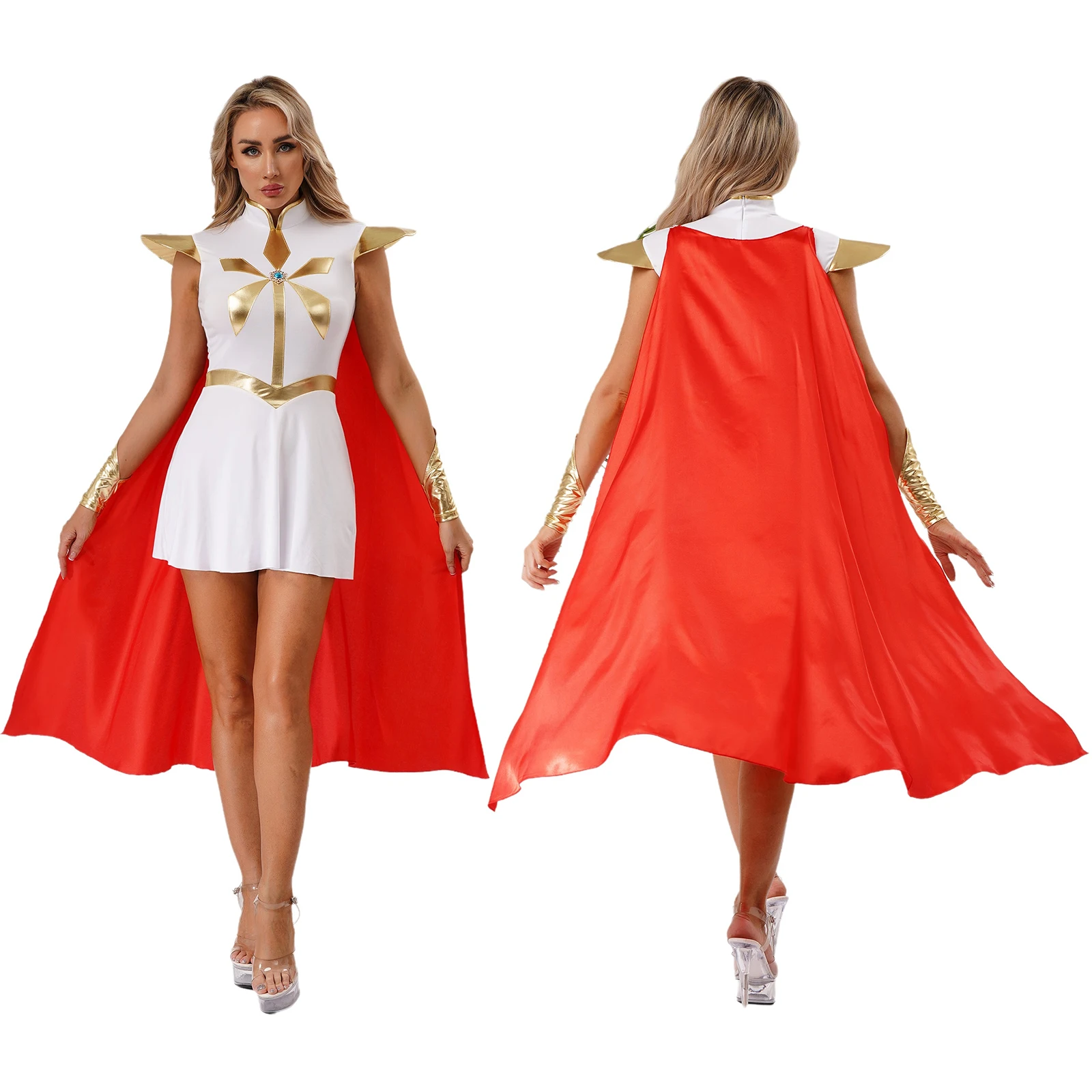 Vestido de princesa Power para mujer, vestido metálico de manga corta con diamantes de imitación en el pecho, capa desmontable y manga larga para Halloween