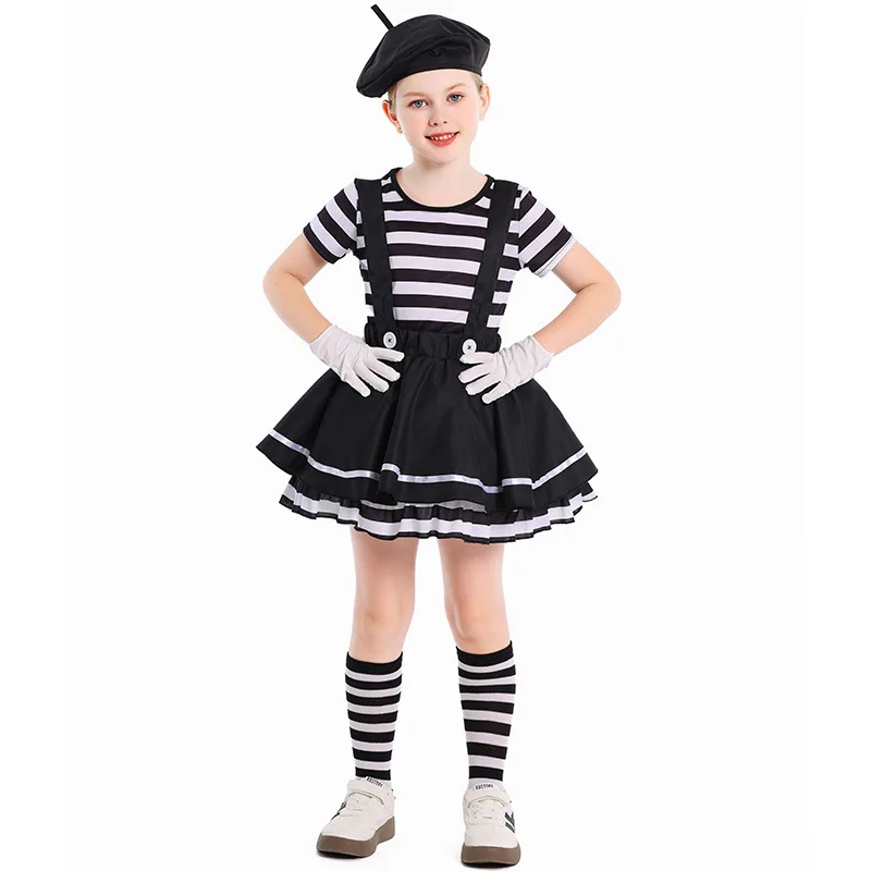

Clown Mime Costume Black Top Skirt Hat Gloves Full Set Comedy Clothes Stage Performance Outfits for Girls Halloween Party