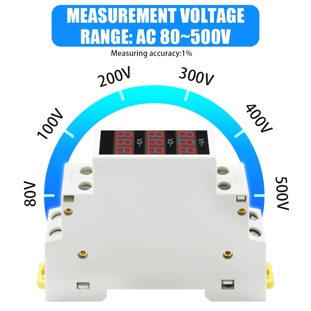 18MM Din Rail Mount Three Phase Voltage Meter AC 80V-500V Mini Modular Voltmeter Gauge Indicator LED Digital Display 220V 380V