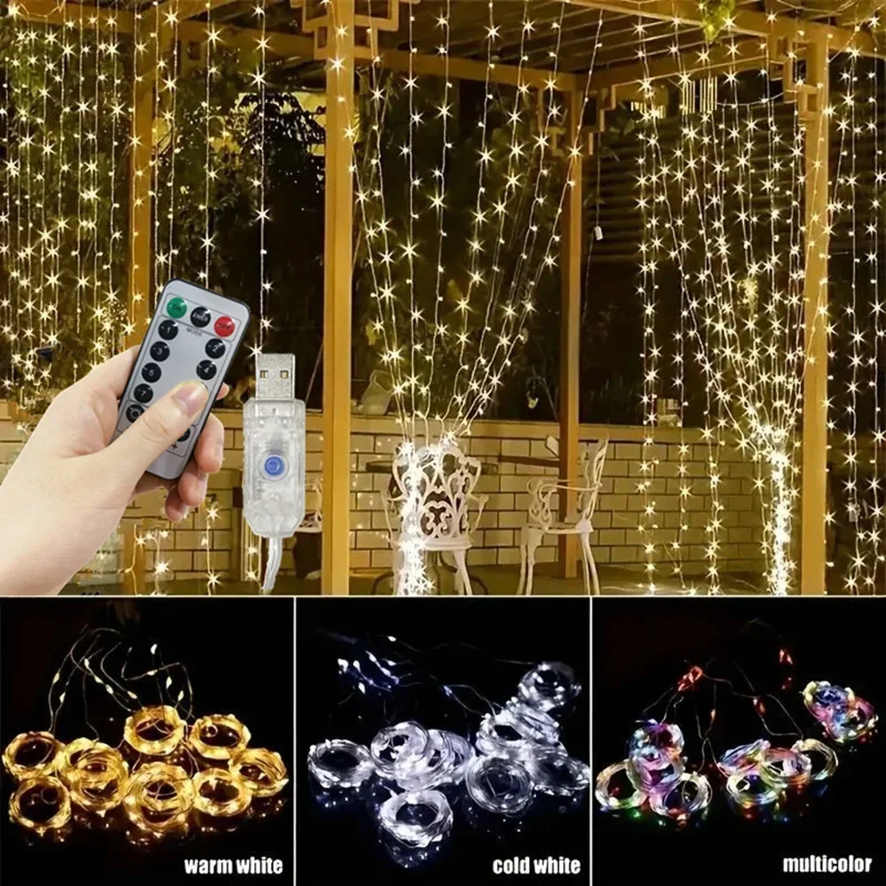 حفل زفاف عيد الميلاد عطلة ديكور المنزل في الهواء الطلق LED جارلاند الجنية ضوء مصباح حديقة سلسلة 8 وضع USB ضوء الستار #3