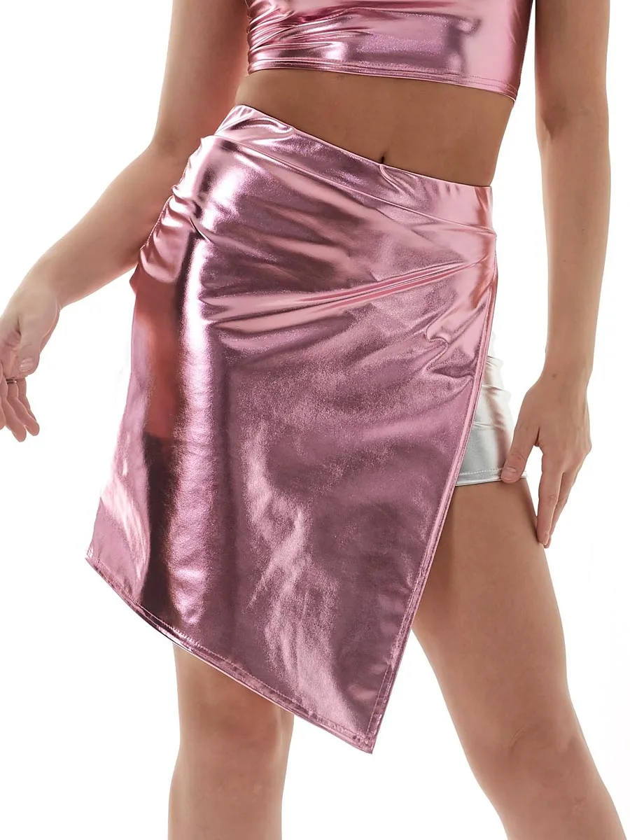 

Women High Waist Patchwork Holographic Skort Sexy Asymmetrical Hem High Slit Bodycon Skirt Shorts Shiny Metallic Culottes