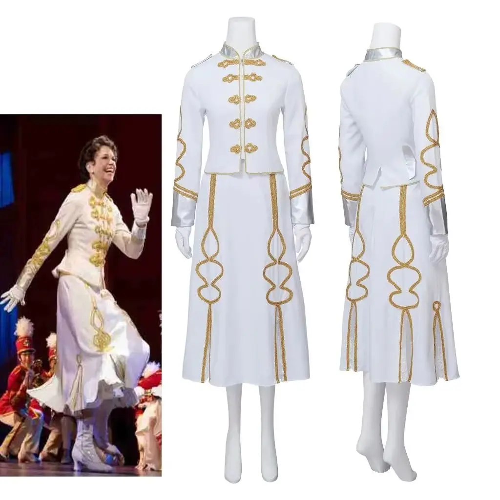

Musical The Music Men Cosplay Marian Paroo Costume Women Golden Embroidery White Uniform Skirts Suit Broadway Dance Outfit