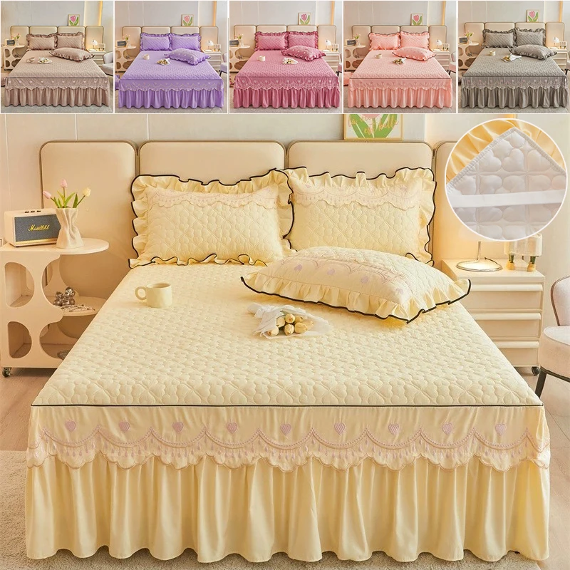 

European Style Quilted Bed Skirt Thick Clip Cotton Bedspread Skin-friendly Breathable Mattress Protector with Strap for Bedroom
