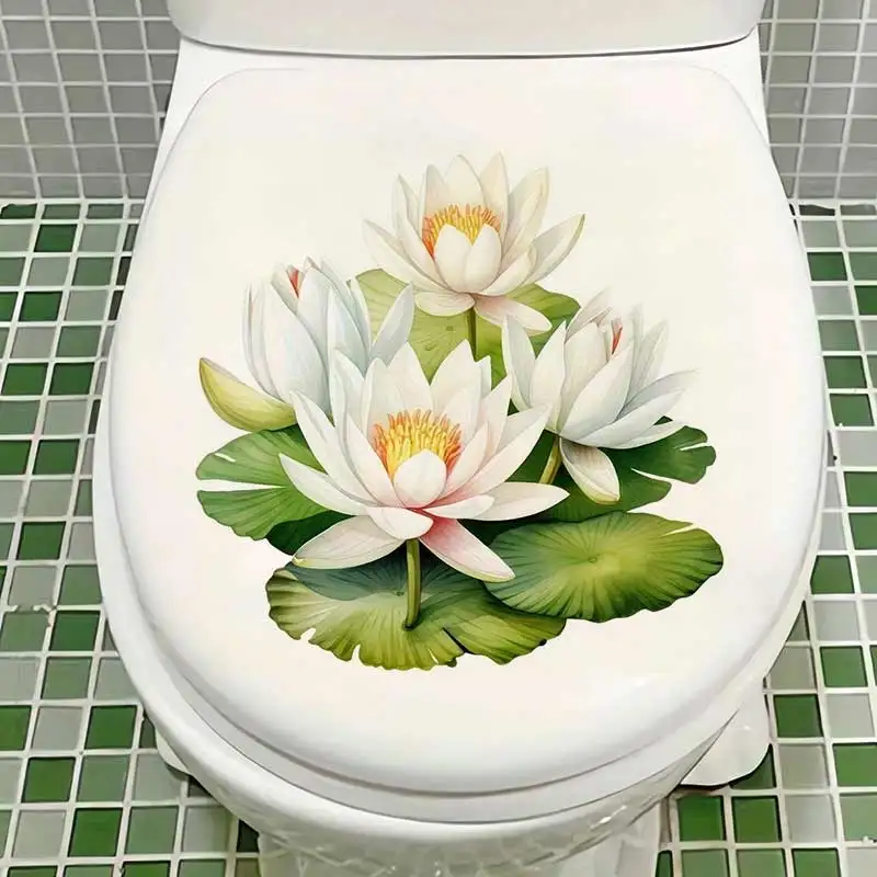 Lotus Flower Decal, White Water Lily Classic Style Toilet Lid Cover Sticker, Bathroom Washroom Wall  Waterproof Decoration M1442