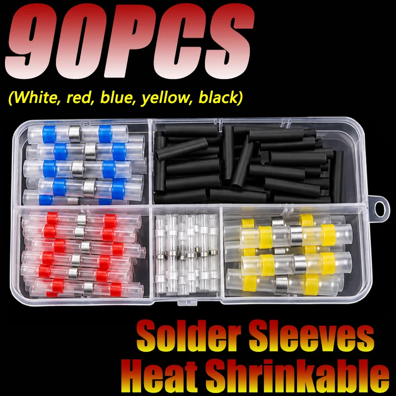 90pcs Heat Shrink Welding Sleeve | Thickened Weld Ring Heat Shrink Tubing with Cable Management Box, Black Jacket