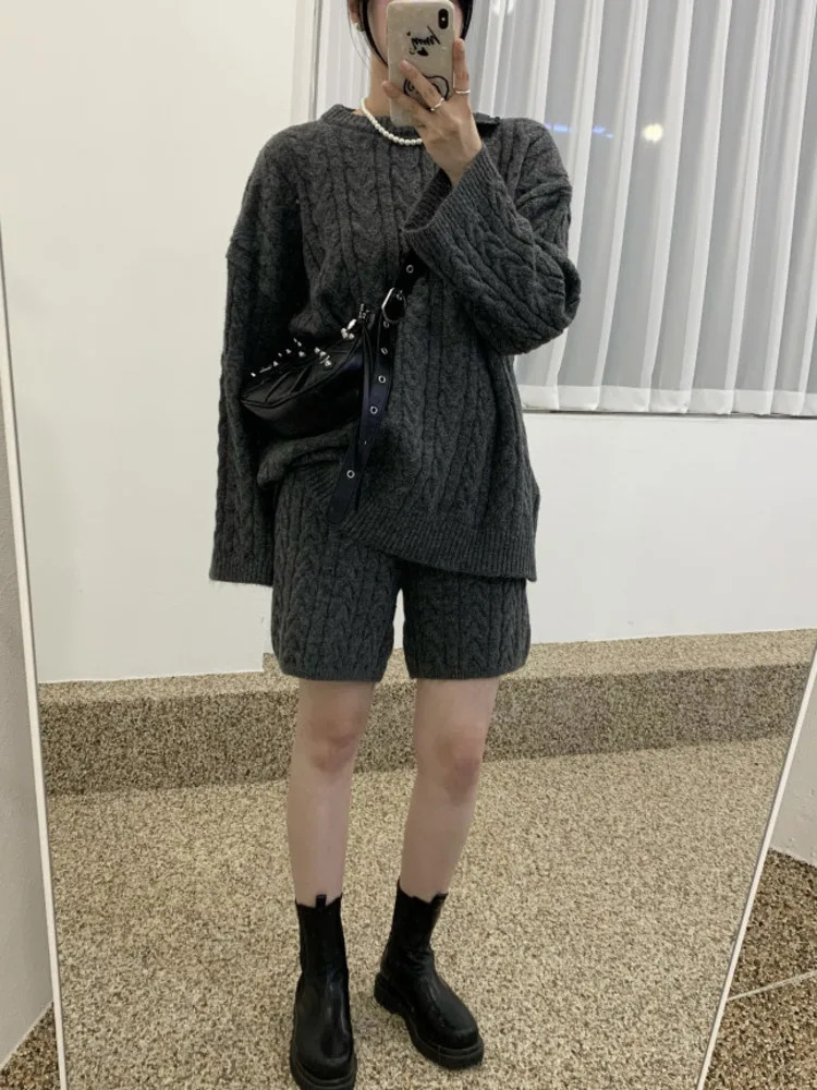 Casual Knitting Suit Women Autumn and Winter Loose Slimming Twist Sweater Shorts Fashion Sports Style Two-piece Korean Fashion