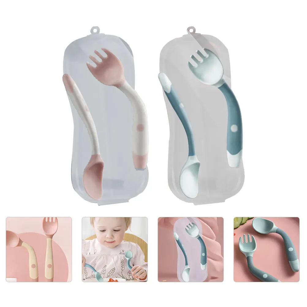 

2 set Bendable Spoon Fork Kit Elbow Spoons Food Grade Safe PP Material Toddler Eating Training Utensils