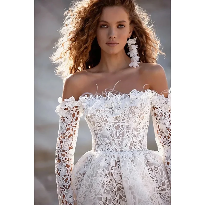 Robe de mariée blanche à épaules dénudées, en dentelle florale, ligne a, robe de bal, manches longues, Mini robe de soirée personnalisée