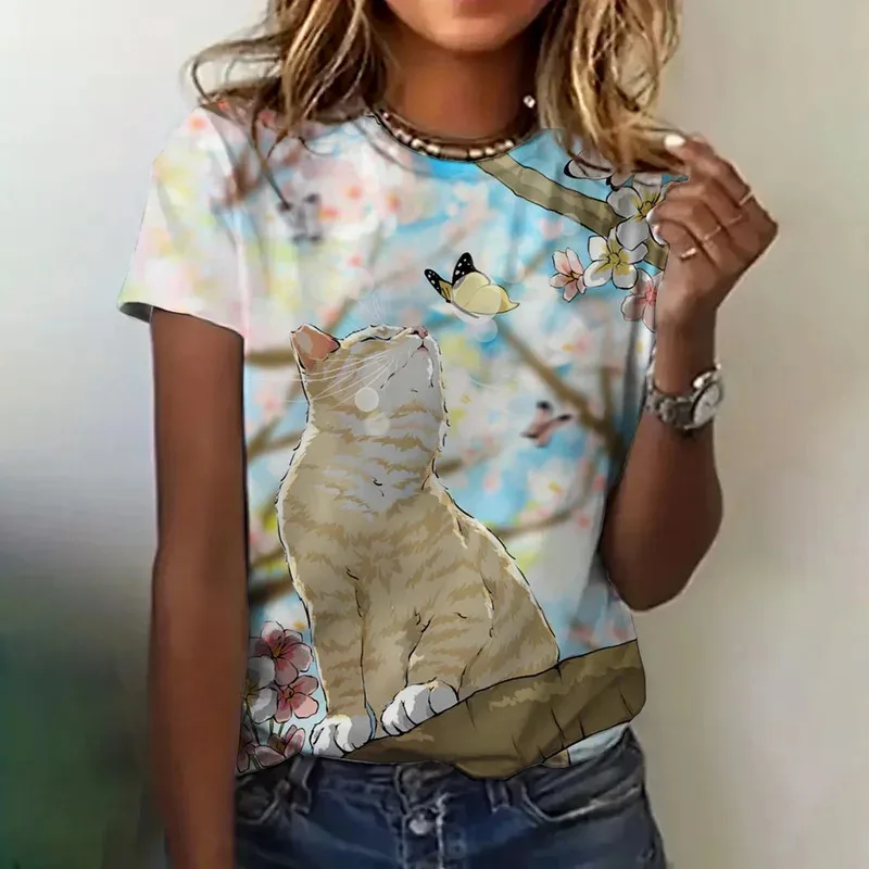 

Женская одежда больших размеров, футболка с круглым вырезом, модная футболка с коротким рукавом и принтом кота, милый топ, свободная повседневная одежда, элегантная футболка