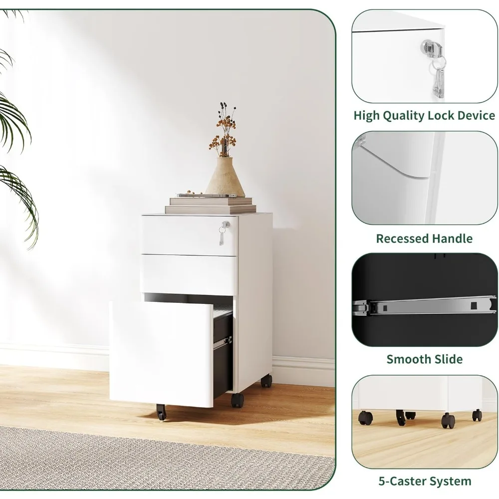 خزانة ملفات متنقلة من الفولاذ الأبيض ذات 3 أدراج مع قفل، وأدراج ضحلة وعميقة، وميزة مضادة للطرف، وحل تخزين آمن