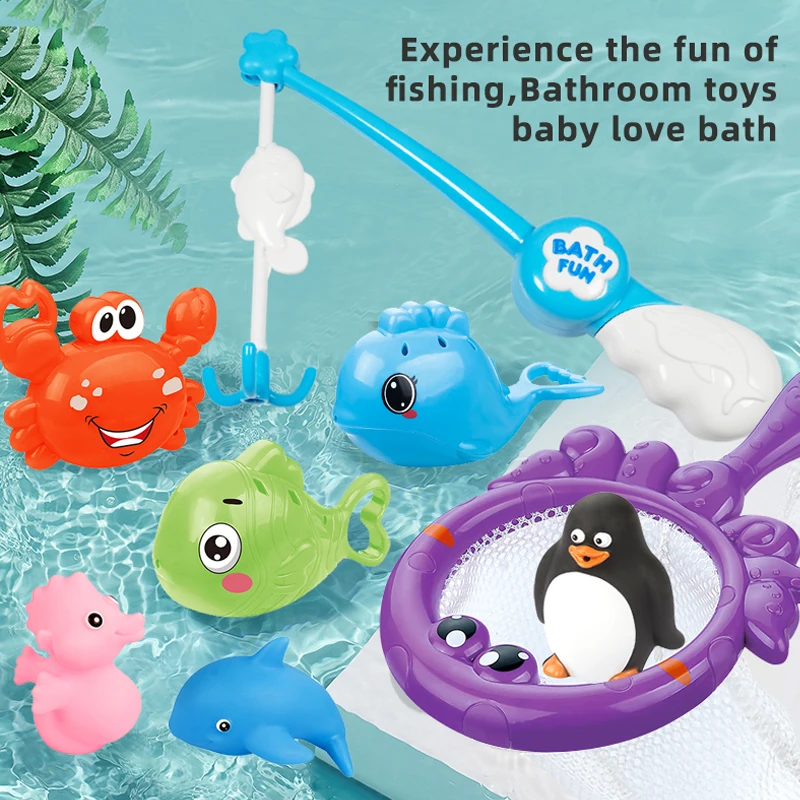 Bath Toys Fishing Games with Fish Net Squirt Fishes Crab Pool Bath Time Bathtub Toy for Toddlers Baby Kids Infant Girls Boys Age