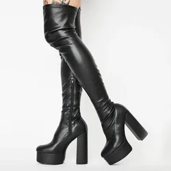 Black Chunky Heeled Women Over Knee Boots High Heel Sock Boots Size 43 Slim Stretch Waterproof Women's Boots Shoes