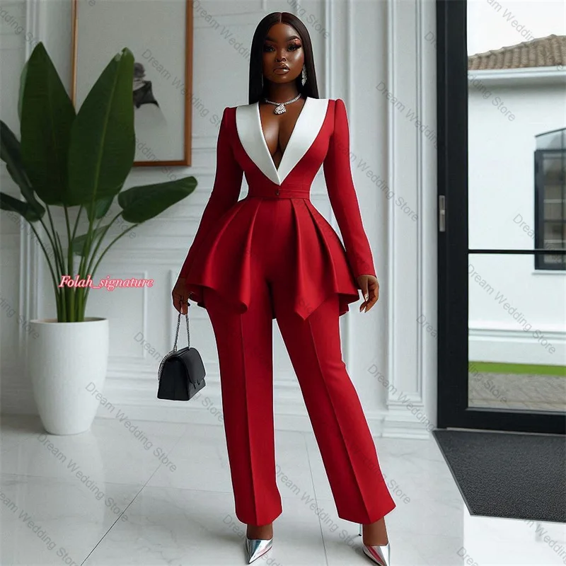 

Red Women Suit Set 2 Pcs Blazer+Pants Trouser White Lapel Formal Office Lady Jacket Customized Autumn Wedding Tuxedos Guest Coat