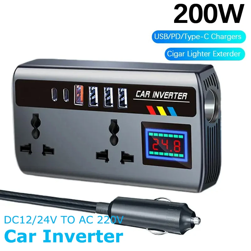 Portable Car Inverter 12V/24V to 220V Outlet Adapter with 3 USB Port Quick Charging Automotive Charger for Auto Car Truck SUV RV