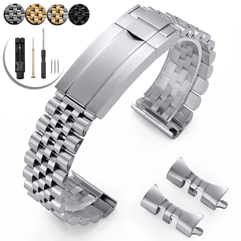 20mm 21mm 22mm Luxury Stainless Steel Strap for Seiko for Rolex Curved End Metal Watch Band Folding Buckle Replacement Bracelet