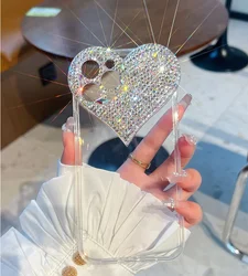 Diamond Love Heart Protective Case for iPhone 16Pro 15Plus, 14, 11, 12, 13Pro, Soft Cover, Bling, Diamond, Luxury