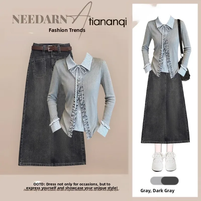 

Korean Sle ey Plaid Bow Tie Denim Skirt And irt Two Piece Set Spring Slimming Faion Ensemble for Women