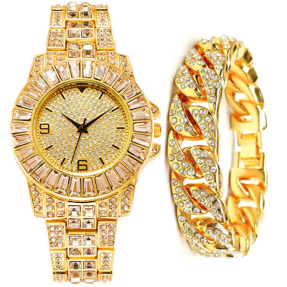 Simple Iced Out Watch + Bracelet for Women Bling Miami Cuban Chain Luxury Gold Watch Women Jewelry Set Gifts Relojes Para Mujer