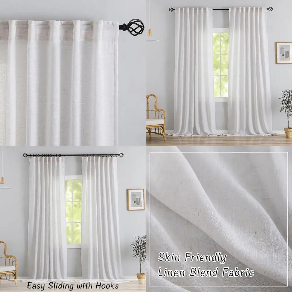 

Удлиненные 132 белые льняные шторы на спине, набор из 2 шт., светофильтрация, прозрачные, со складками, крючками и поясом