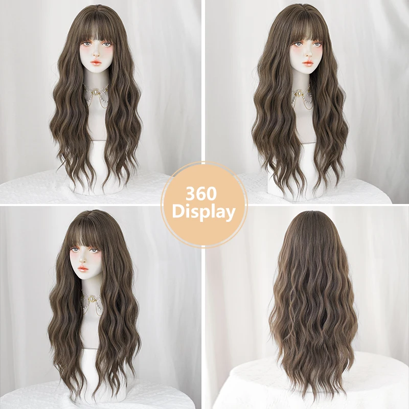 7JHH WIGS Costume Wig Synthetic Body Wavy Cool Brown Wig for Women Daily Use High Density Layered Hair Wigs with Fluffy Bangs