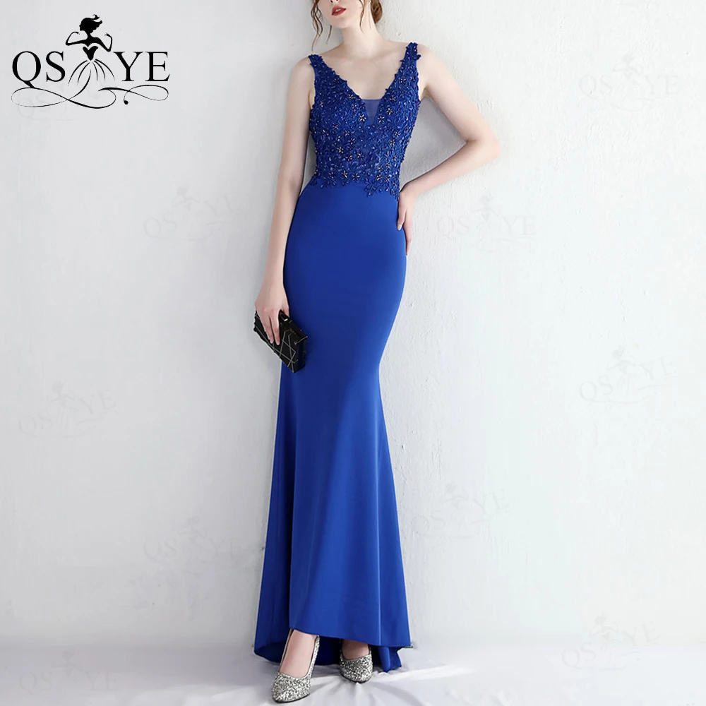 Royal Blue Lace Prom Dresses Long Appliques Beaded Crystals Mermaid Evening Gown V Neck Sleeveless Open Back Woman Formal Dress