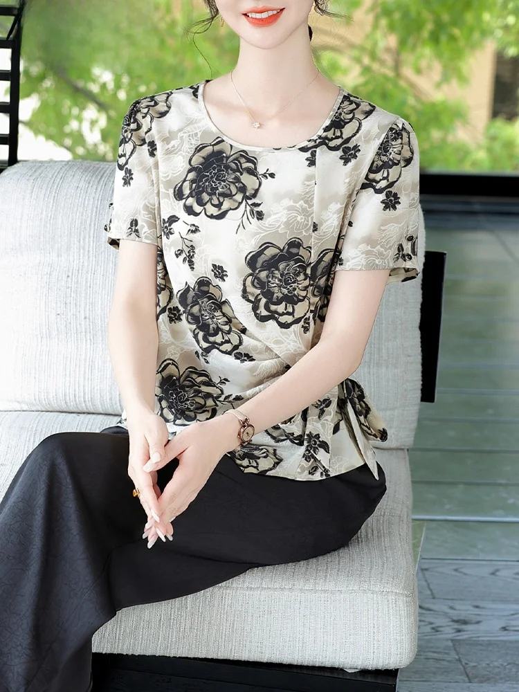 

Ele Summer Faion Mommy's Small irt Set with ort Sves in Chiffon for Middle-Aged Women Lady's Top Quali T-irt