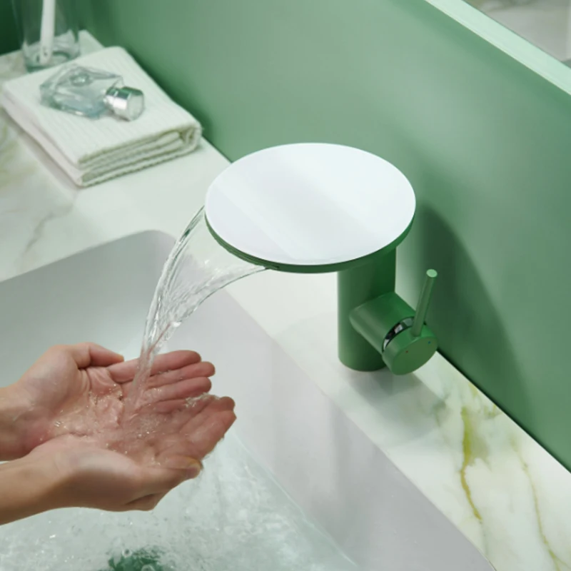 

Green Waterfall Sink Faucet Single Handle Single Hole Vessel Faucet Bathroom Hot and Cold Mixing Faucet Deck Mount