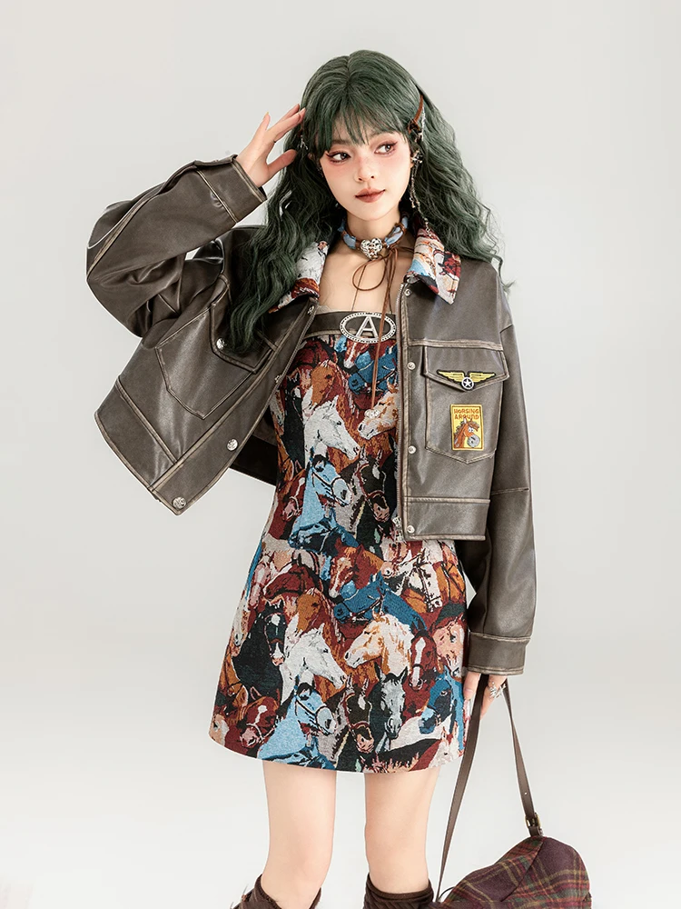 Dophee High Quality Brown Leather Jacket Women Spring Autumn American Spicy Girl Retro Motorcycle PU Leather Coat Strap Dress