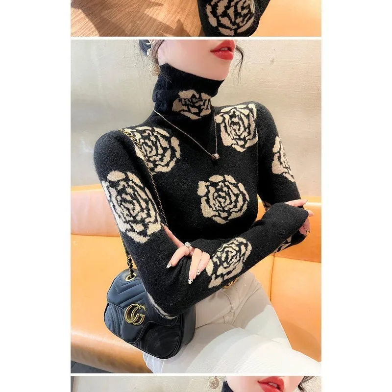 الخريف والشتاء ديف المخملية قاعدة المرأة الجديدة البلوز نصف السلاحف الرقبة طباعة المألوف تنوعا طويلة الأكمام تي شيرت #3