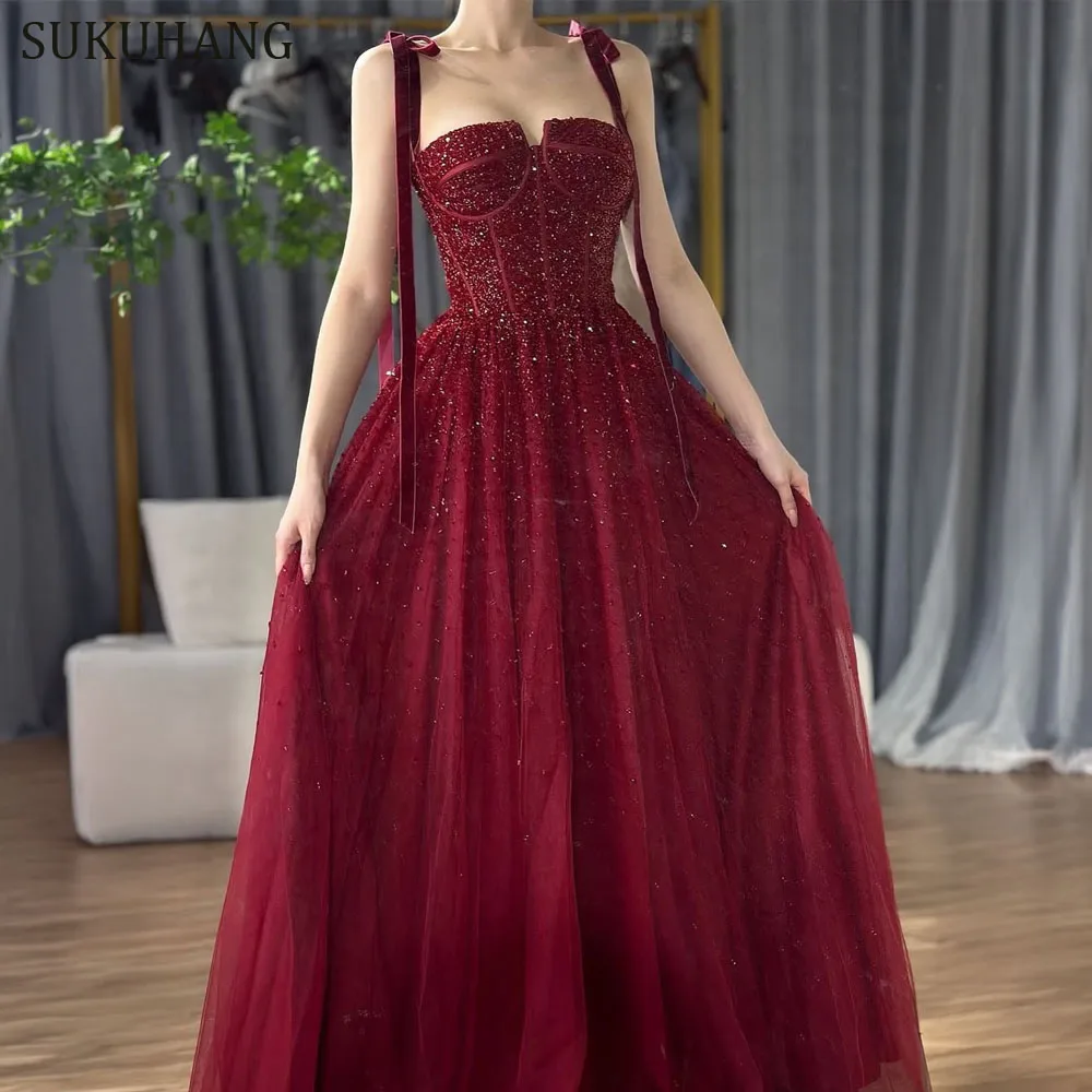 

SUKUHANG Роскошное красное вечернее платье с кристаллами и бисером на тонких бретельках длиной до пола, с блестками, горячее платье для выпускного вечера по индивидуальному заказу