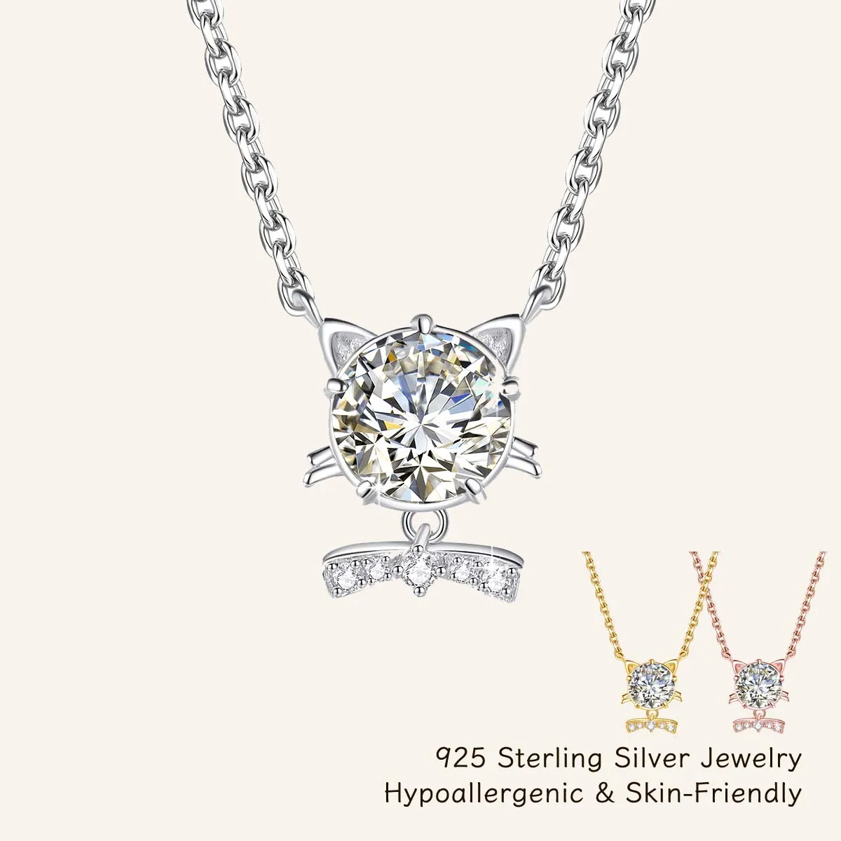 

Гипоаллергенное ожерелье из серебра 925 пробы с бантом, милый кулон в форме кошки с круглым муассанитом 1,2 карата, подарок на день рождения для женщин