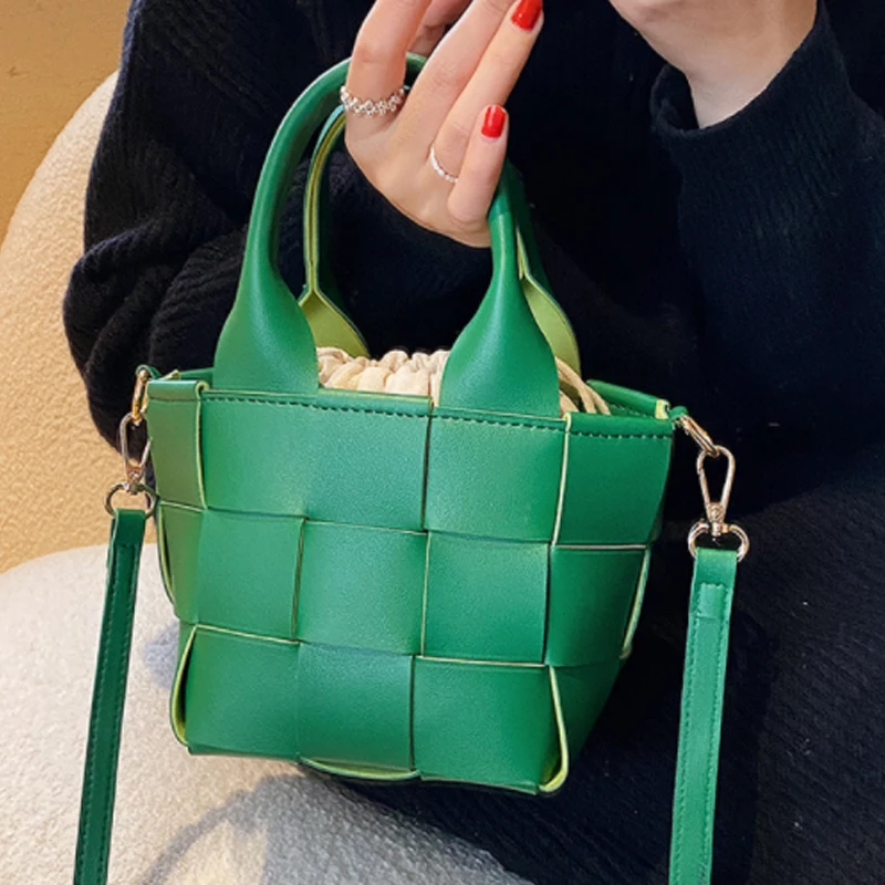 

Green Weave Tote Female Underarm Shoulder Crossbody Bag New PU Leather Women's Designer Women Handbag