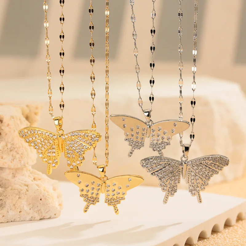 European and American Versatile High-end Feel Fully Inlaid with Zircon Butterfly Necklace, Women's Fashionable Design Pendant