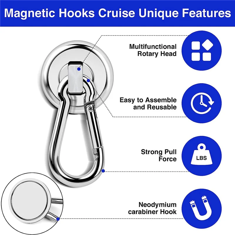 Magnetic Hooks Heavy Duty, with Carabiner Hook,For Grill, Hanging, Cruise, Kitchen, Garage, Refrigerator (8 Pack)