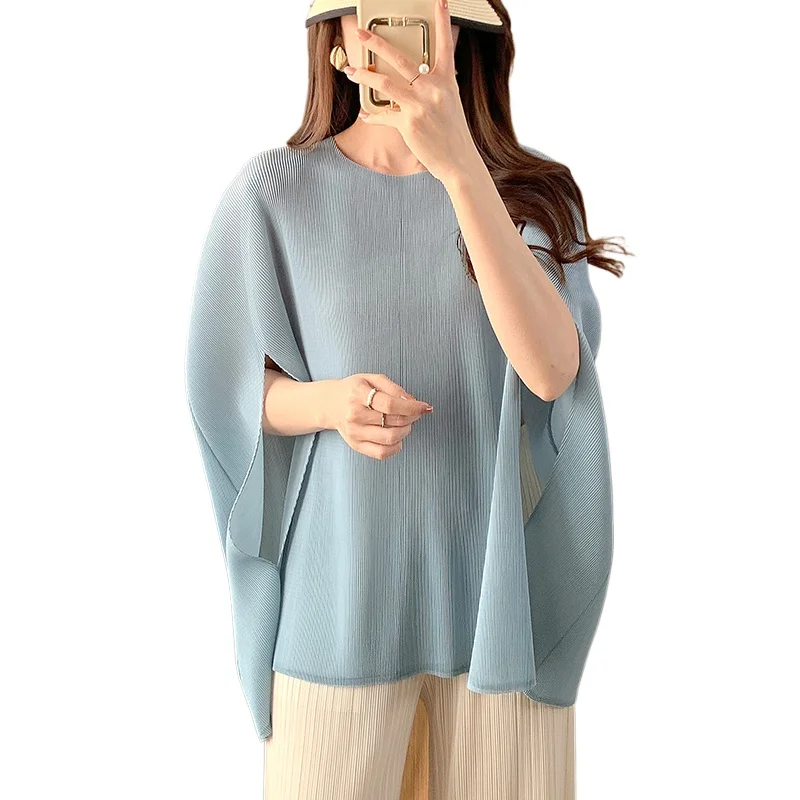 

Miyake Pleated Women's Loose Bat Sleeve Solid Color Top Fashionable Cape Casual Autumn Women's Clothing