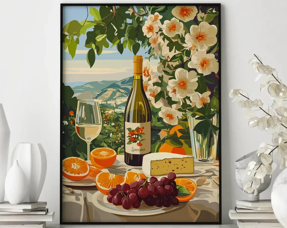 Mediterranean Summer Feast Wall Art - Bold Graphic Print of a Table Spread with Sangria, Fresh Fruit and Cheese, with Lush Flora
