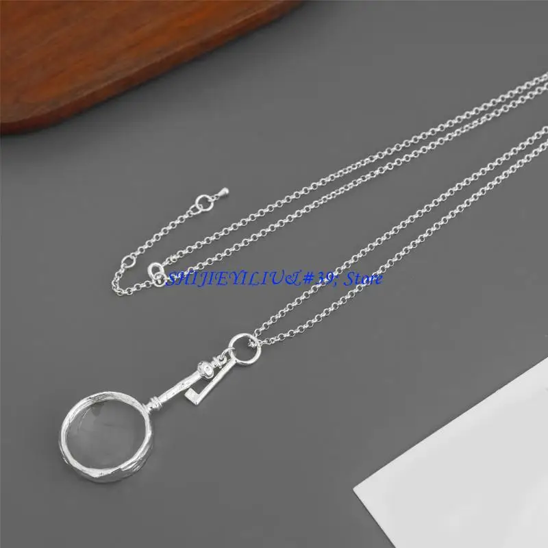 E21F Elegant Magnifier Pendant Necklace Neck Jewelry Practical Glass Necklace Steel Texture for Daily