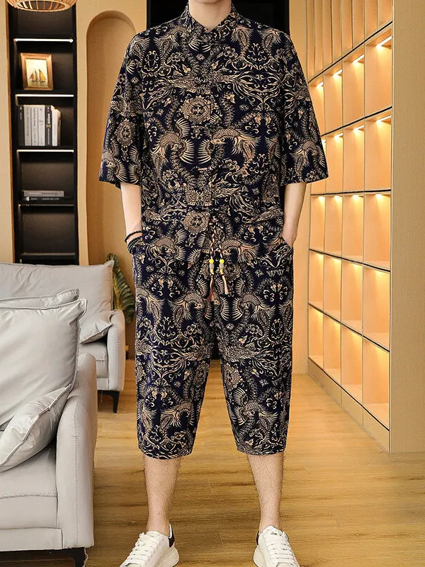 

Summer Casual Spor Men's irt And orts Set ort Sve Stand Collar Five Points Cotton Youth Faion Ethnic Sle