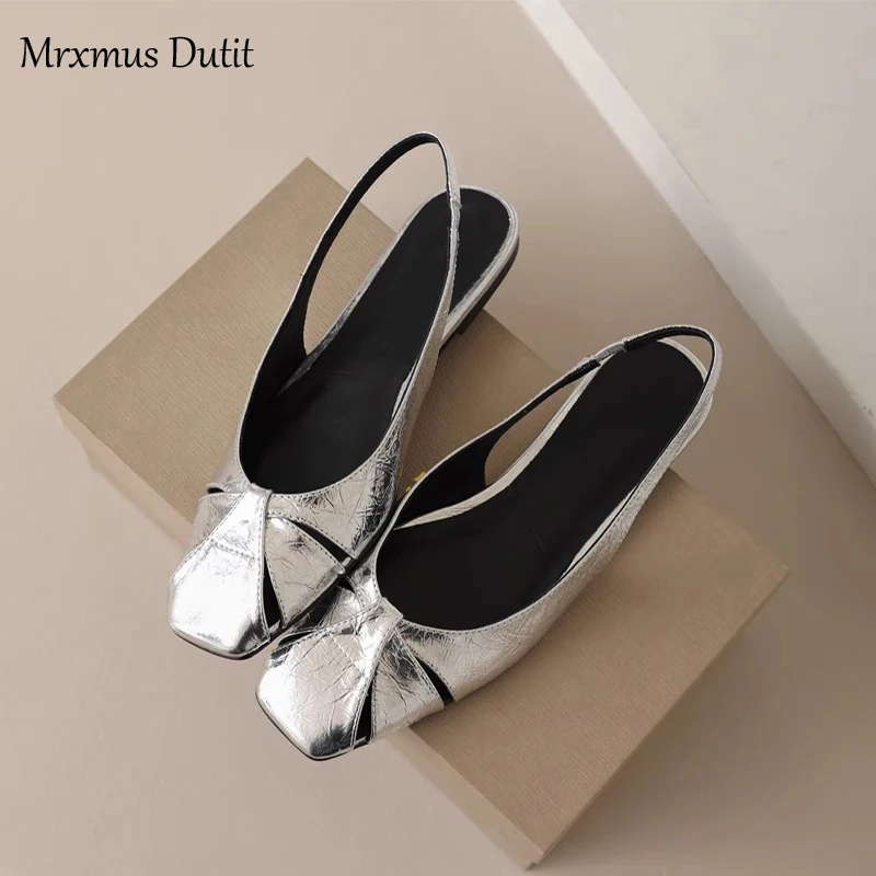 Mrxmus Dutit 2023 Summer Fashion New Women Genuine Leather Flat Weave Hollow Square Head Sandals Solid Casual Shoes Female Chic